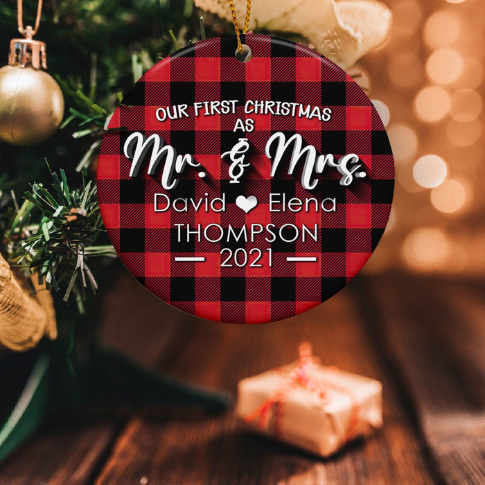 Personalized Ornament For Wife Husband Our First Christmas As Mr & Mrs Red Buffalo Plaid Design Custom Names & Year