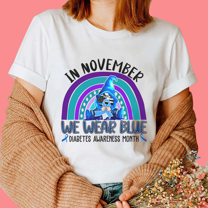 In November We Wear Blue For Diabetes Awareness Month Shirt Blue Ribbon With Gnome Boho Rainbow