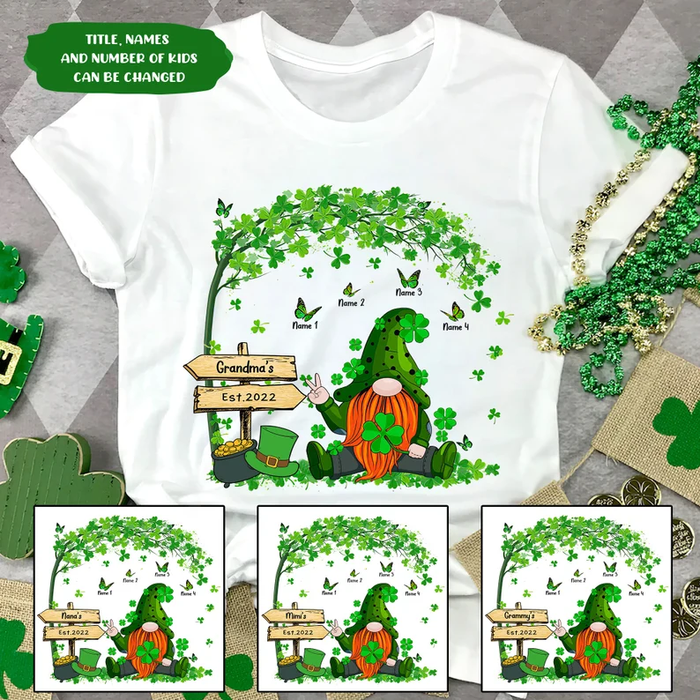Personalized T-Shirt For Grandma Est. Year Cute Gnome Shamrock Tree & Butterfly Printed Custom Grandkids Name