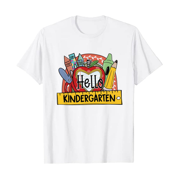 Personalized T-Shirt Gifts For Kid Hello Kindergarten Crayon Rainbow Custom Grade Shirt Back To School Outfit