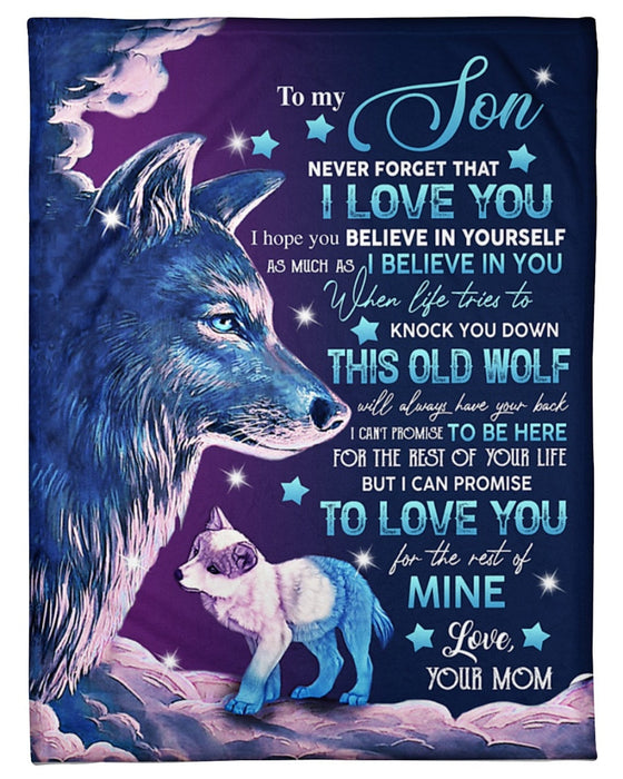 Personalized To My Son Blanket From Mom Never Forget That I Love You Old Wolf & Baby Wolf With Stars Printed