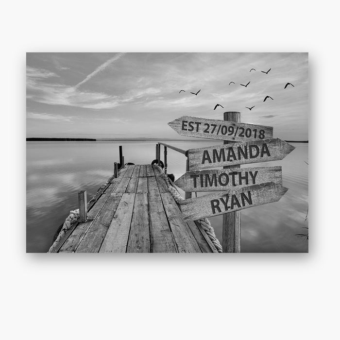 Personalized Wall Art Canvas For Family Black And White Lake Vintage Street Sign Poster Custom Multi Name & Date