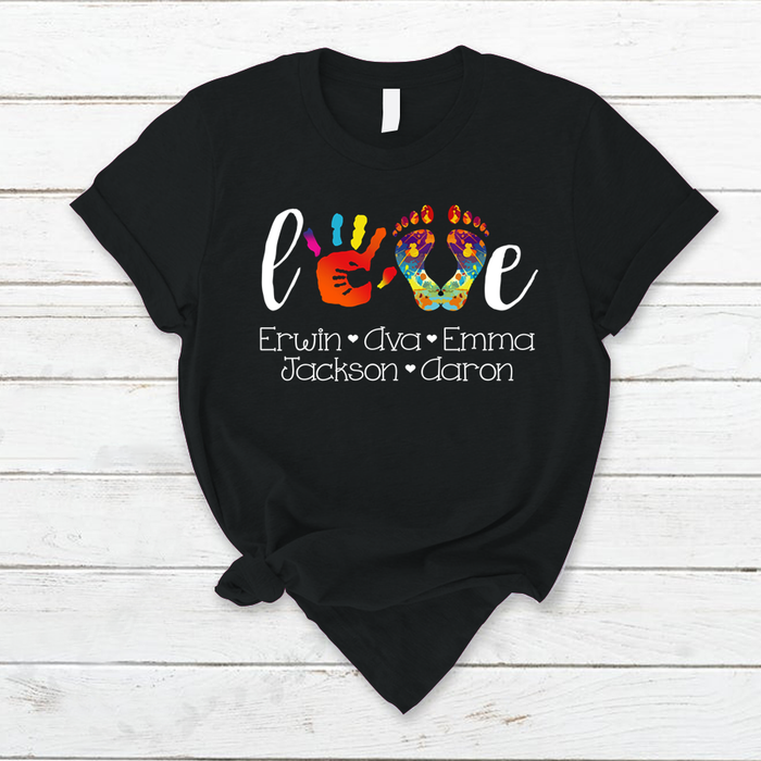 Personalized T-Shirt For Grandma Love Colorful Handprint Printed Custom Grandkids Name Mother'S Day Shirt