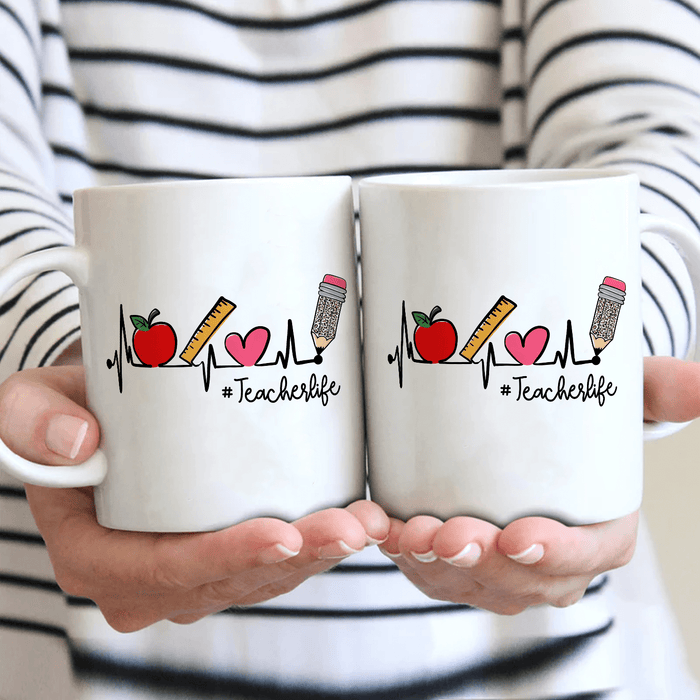 Personalized Coffee Mug For Teacher School Supplies Heartbeat Teacher Life Ceramic White Cup Gifts For Back To School