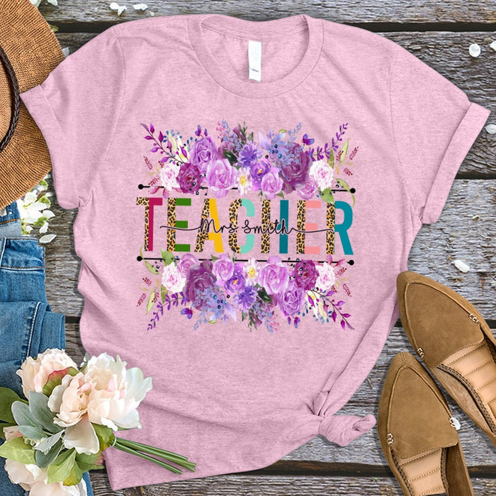 Personalized T-Shirt For Teacher Purple Flower Leopard Monogram Design Custom Name Shirt Gifts For Back To School