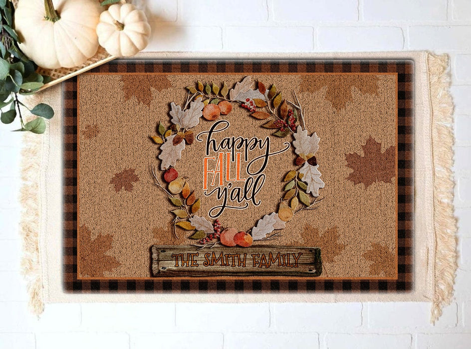 Personalized Welcome Doormat For Fall Lovers Happy Fall Y'all Circle Of Leaves Printed Custom Family Name Plaid Design