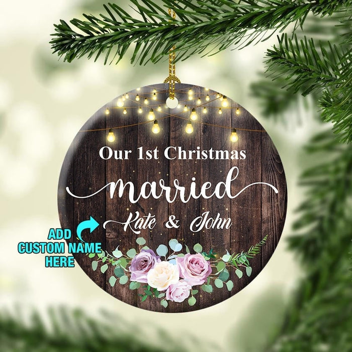 Personalized Xmas Ornaments For Couple Newlyweds Floral Xmas Light 1st Christmas Married Ornaments Custom Name