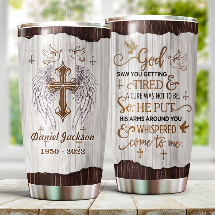 Personalized Memorial Gifts Tumbler For Loss Of Loved One Angel Wings Christ Cross Vintage Bird Custom Name Travel Cup