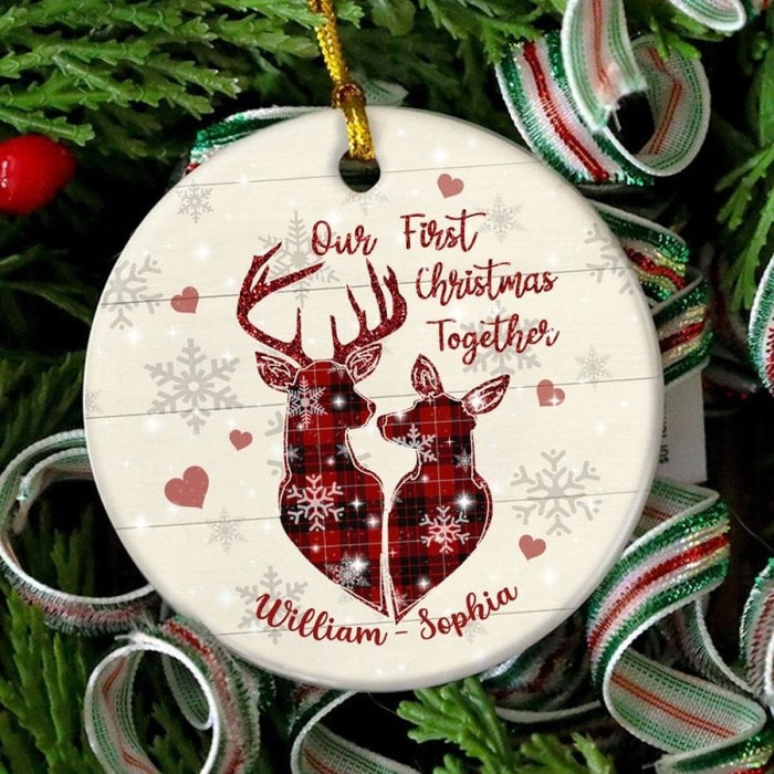 Personalized Ornament Couple Deer Hunting First Christmas Together For Husband Wife Custom Name Buffalo Plaid Ornaments