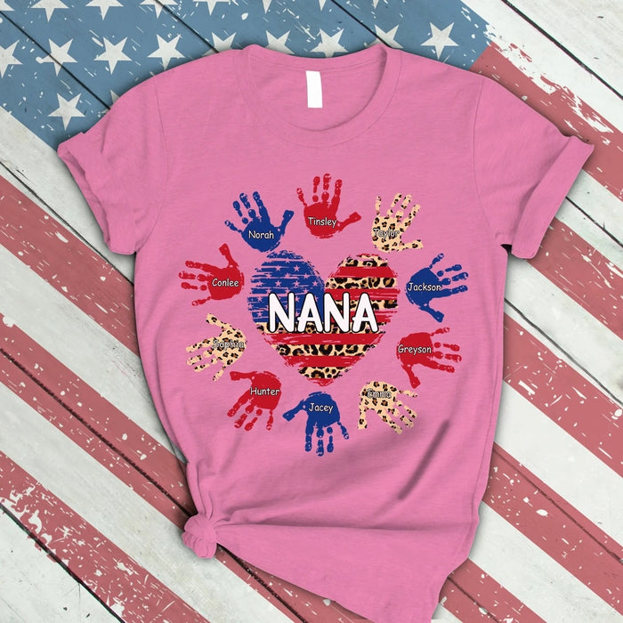 Personalized Grandma Shirts Leopard US Flag Gifts Nana and Grandkids Heart Colorful Hands Shirt