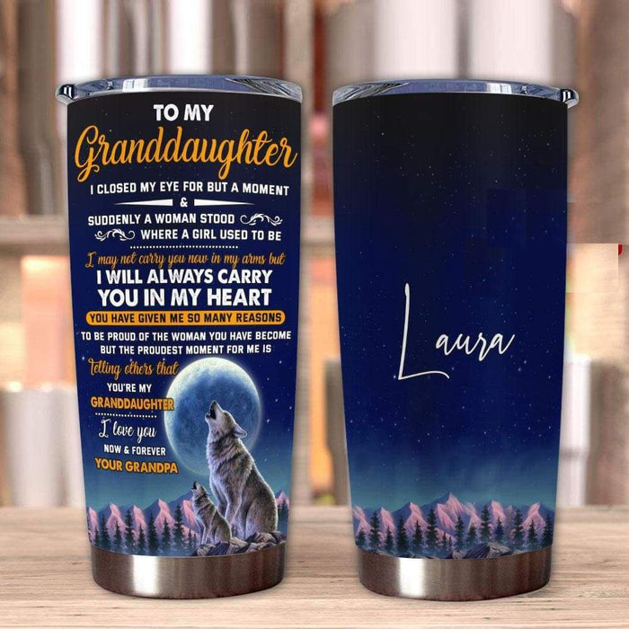 Personalized Tumbler To Granddaughter Gifts From Grandparents Carry You In My Heart Moon Wolf Custom Name Travel Cup