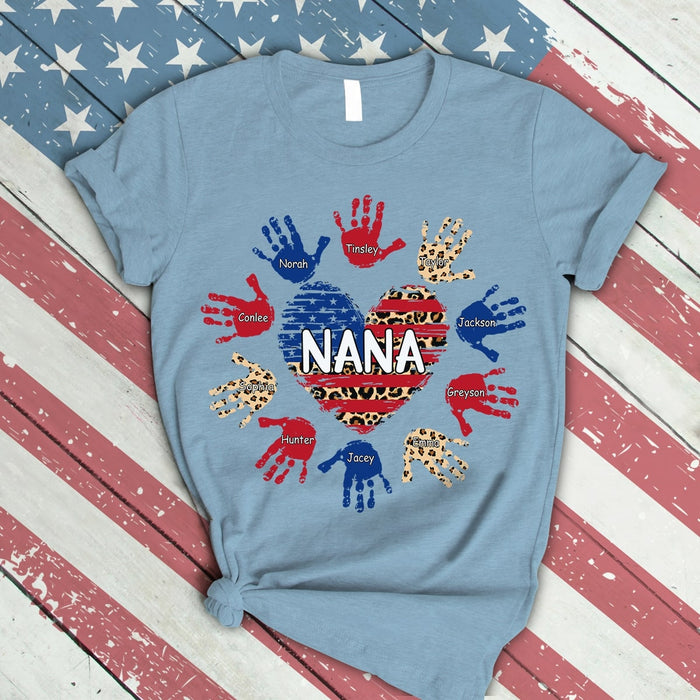 Personalized Grandma Shirts Leopard US Flag Gifts Nana and Grandkids Heart Colorful Hands Shirt