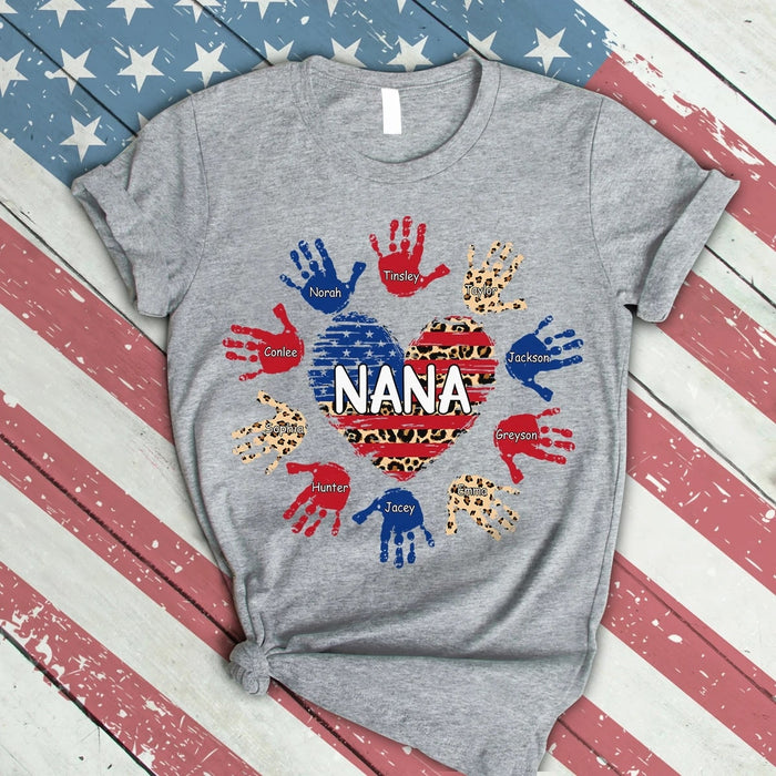 Personalized Grandma Shirts Leopard US Flag Gifts Nana and Grandkids Heart Colorful Hands Shirt