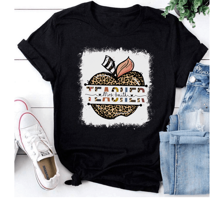 Personalized T-Shirt For Teachers Mrs. Smith Colorful Leopard Apple Design Custom Name Back To School Outfit