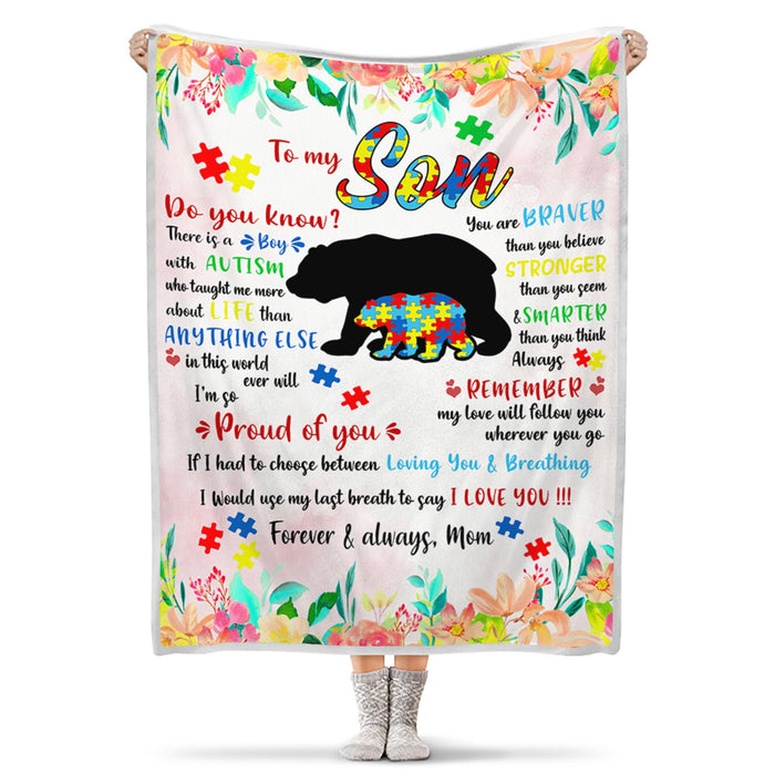 Personalized To My Son Blanket From Mom Autism Bear Puzzle Design Blanket You Are Braver Than You Believe