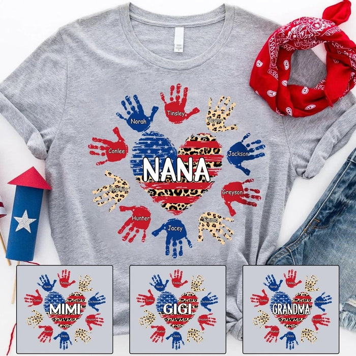 Personalized Grandma Shirts Leopard US Flag Gifts Nana and Grandkids Heart Colorful Hands Shirt