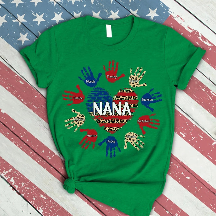 Personalized Grandma Shirts Leopard US Flag Gifts Nana and Grandkids Heart Colorful Hands Shirt