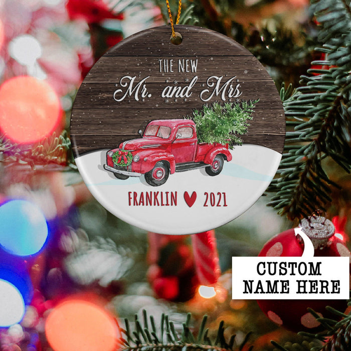 Personalized Ornament For Newlyweds The New Mr And Mrs Retro Red Truck With Xmas Tree Ornament Custom Last Name And Year
