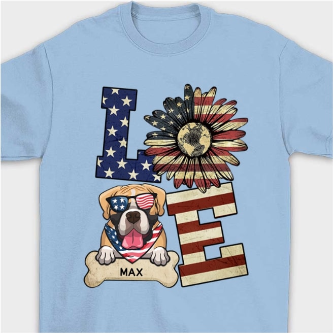 Personalized T-Shirt For Dog Lover Cute Puppy With Sunflower Shirt US Flag Shirt Custom Dogs Name Shirt Independence Day