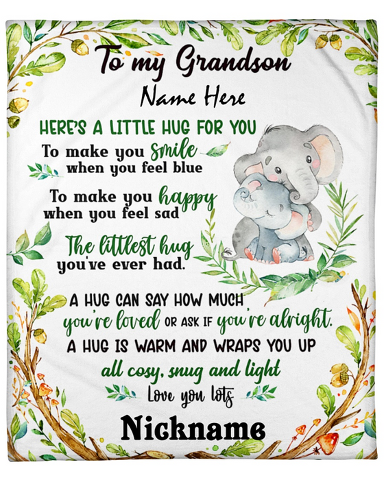 Personalized Fleece Blanket For Grandson Print Cute Elephant Love Quote For Grandson Customized Blanket Gift For Birthday
