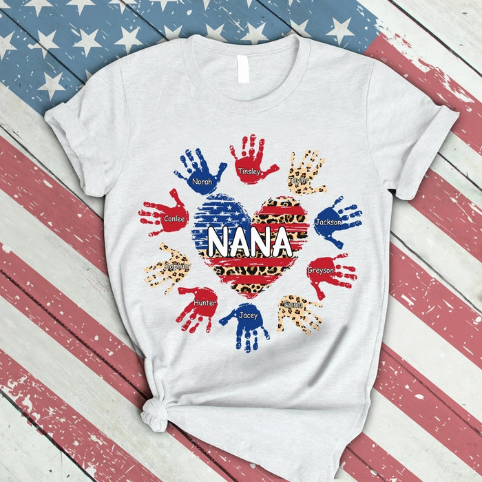 Personalized Grandma Shirts Leopard US Flag Gifts Nana and Grandkids Heart Colorful Hands Shirt