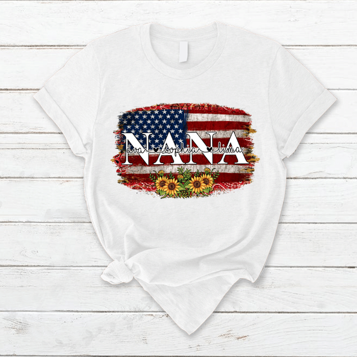 Personalized T-Shirt For Grandma USA Flag And Sunflower Design Printed Custom Grandkids Name 4th Of July Shirt