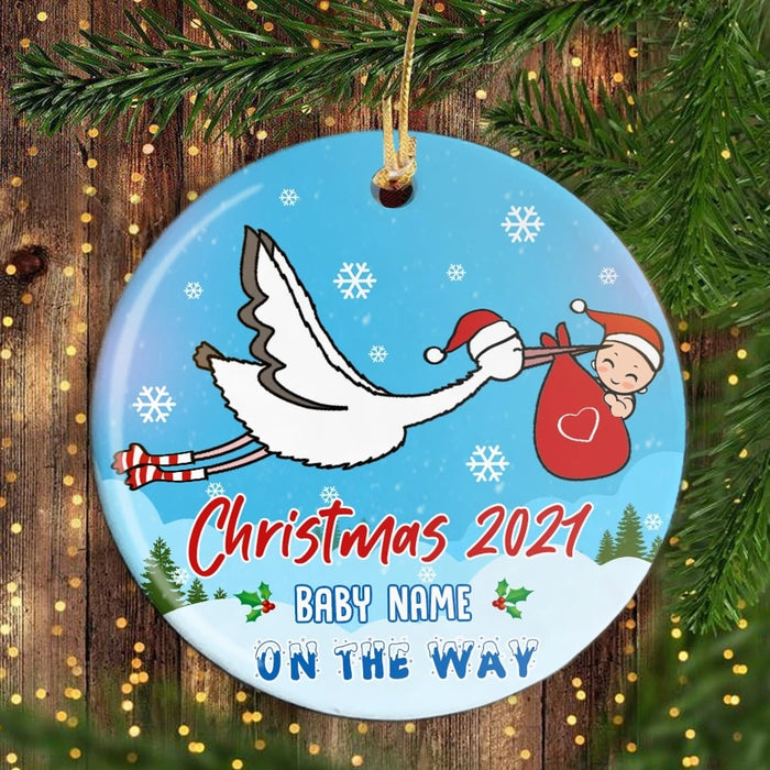Personalized Ornament Baby On The Way Christmas 2021 Stork Delivery For New Mom New Dad Custom Name Xmas Ornament
