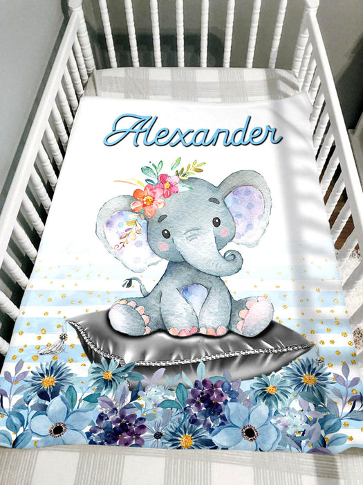 Personalized Baby Blanket For Son Cute Elephant Sitting On The Pillow & Blue Flower Printed Custom Name