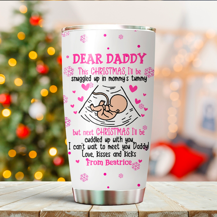 Personalized Tumbler Gifts For New Dad Snowflake Ultrasound Can't Wait Meet You Custom Name Travel Cup For 1st Christmas