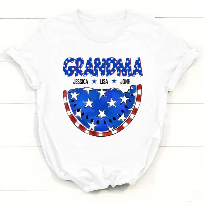 Personalized T-Shirt For Grandma Watermelon With USA Flag Style Custom Grandkids Name 4th July Day Shirt