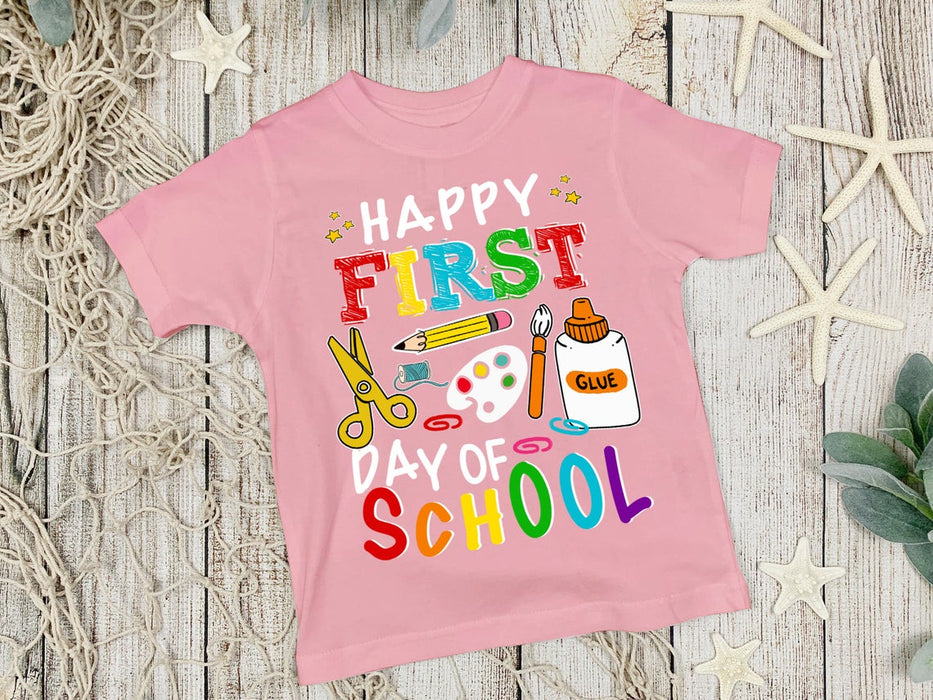 Classic T-Shirt For Kids Happy First Day Of School Color Words Design Pencil Glue Scissors Printed Back To School Outfit