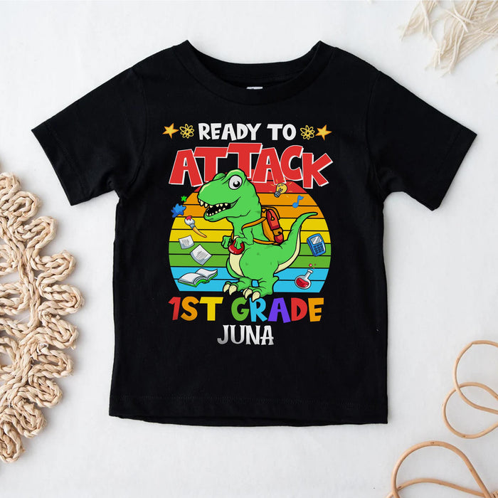 Personalized T-Shirt For Kid Ready To Attack 1st Grade Colorful Design & Dinosaur Custom Name Back To School Outfit
