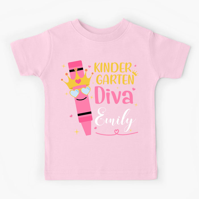 Personalized T-Shirt For Kids Kindergarten Diva Crayon With Crown Custom Name & Grade Level Back To School Outfit