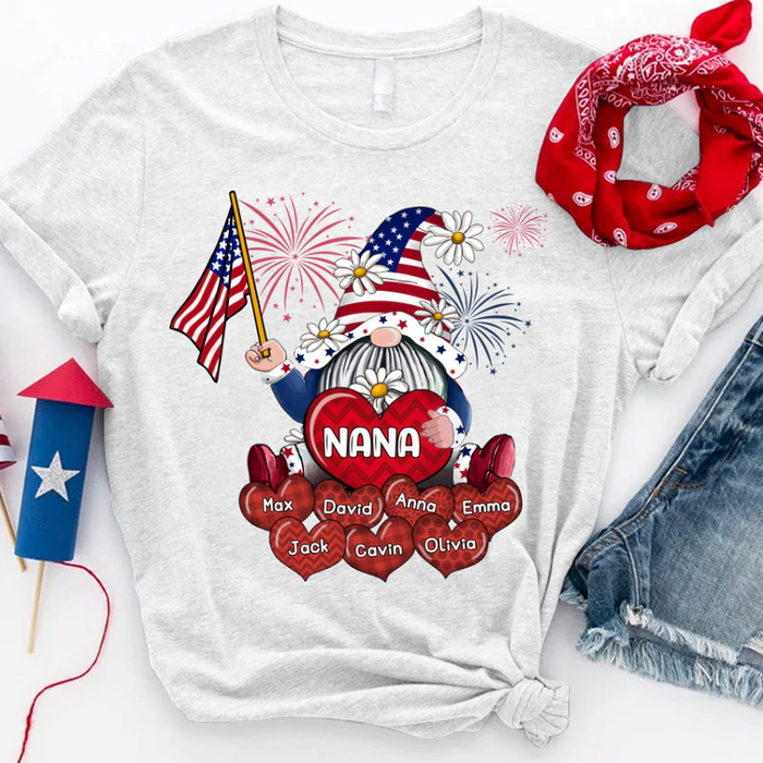 Personalized T-Shirt For Grandma Gnome Holds USA Flag Design Fireworks Custom Grandkids Name 4th Of July Shirt