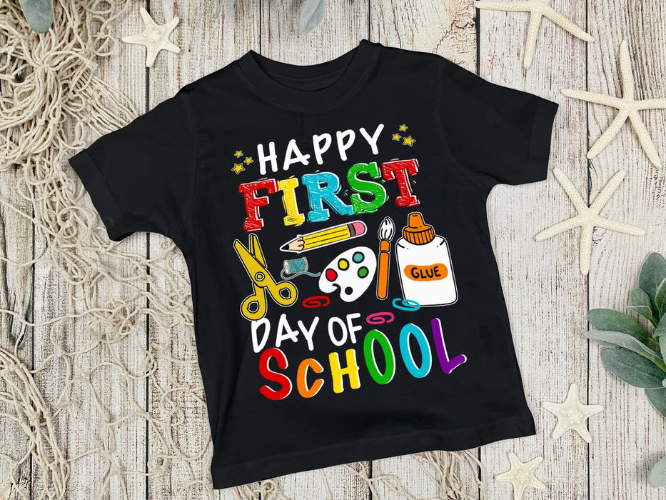 Classic T-Shirt For Kids Happy First Day Of School Color Words Design Pencil Glue Scissors Printed Back To School Outfit