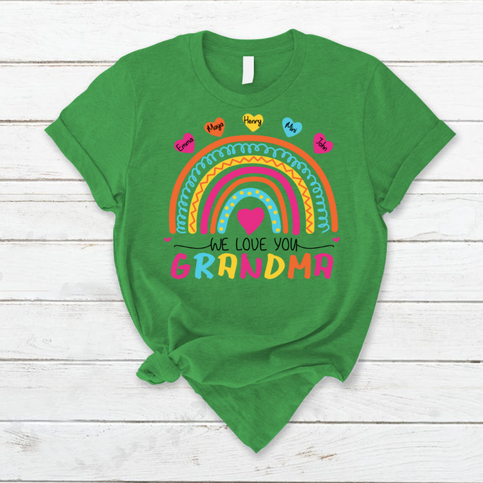 Personalized T-Shirt For Grandma Colorful Rainbow Heart We Love You Custom Grandkids Name Mothers Day Shirt