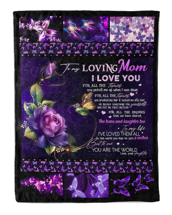 Personalized Fleece Blanket To My Loving Mom On Mothers Day Purple Butterfly & Flower Blanket Custom Name