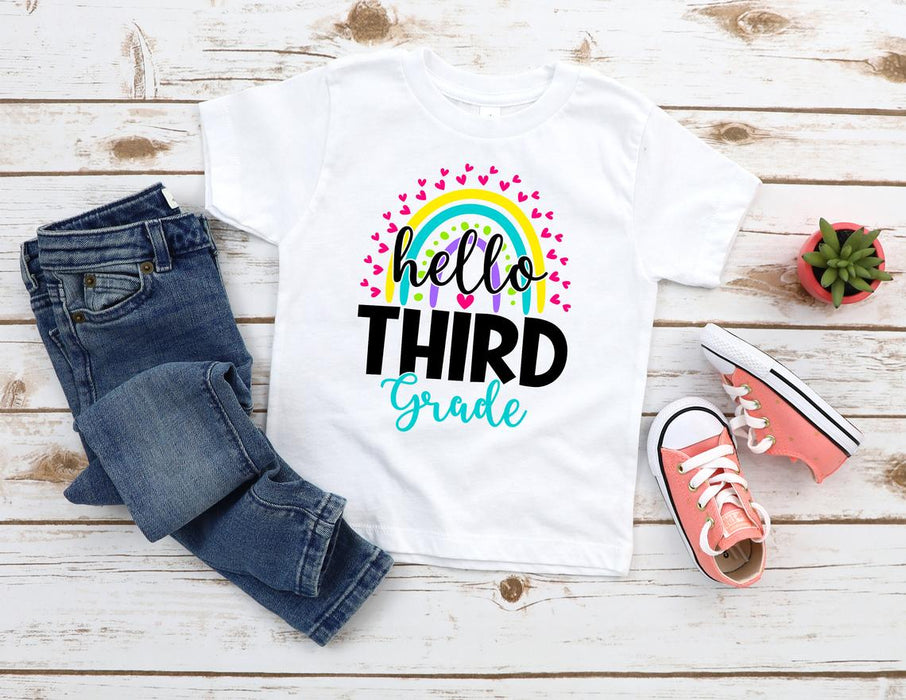 Personalized T-Shirt For Kids Hello Third Grade With Heart Rainbow Printed Custom Grade Level Back To School Outfit