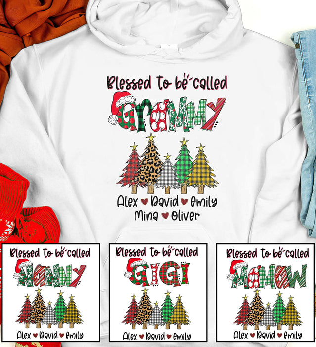 Personalized Hoodie Blessed To Be Called Grammy Xmas Tree & Leopard Heart Printed Custom Grandkids Name