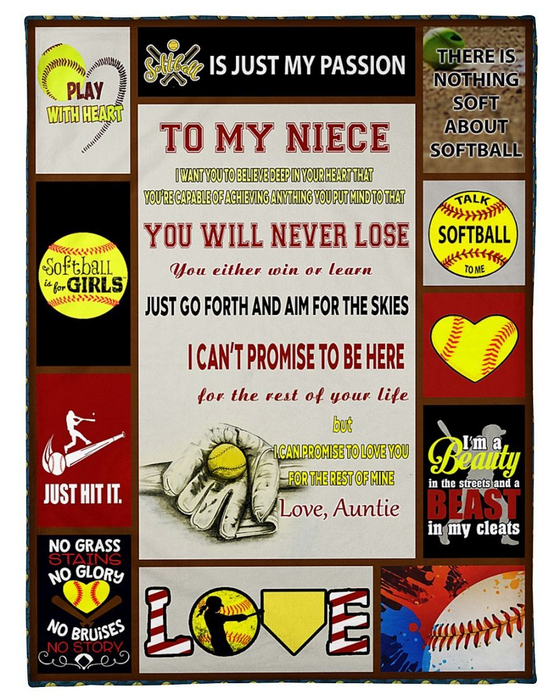 Personalized To My Niece Softball Fleece Blanket From Auntie You Will Never Lose You Either Win Or Learn Custom Name