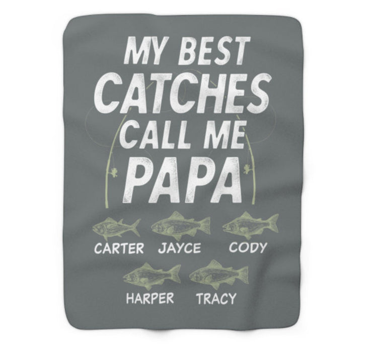 Personalized Fishing Fleece Blanket For Grandpa Fisherman Catches Call Me Papa Custom Nickname & Grandkids Name