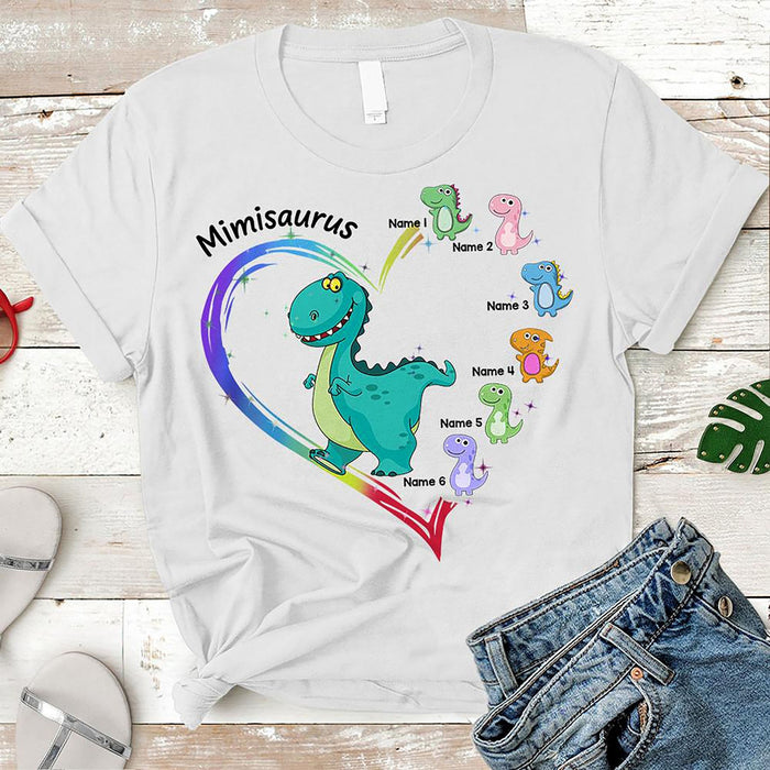 Personalized T-Shirt For Grandma Mimisaurus Cute Dinosaur Heart Colorful Design Custom Grandkids Name