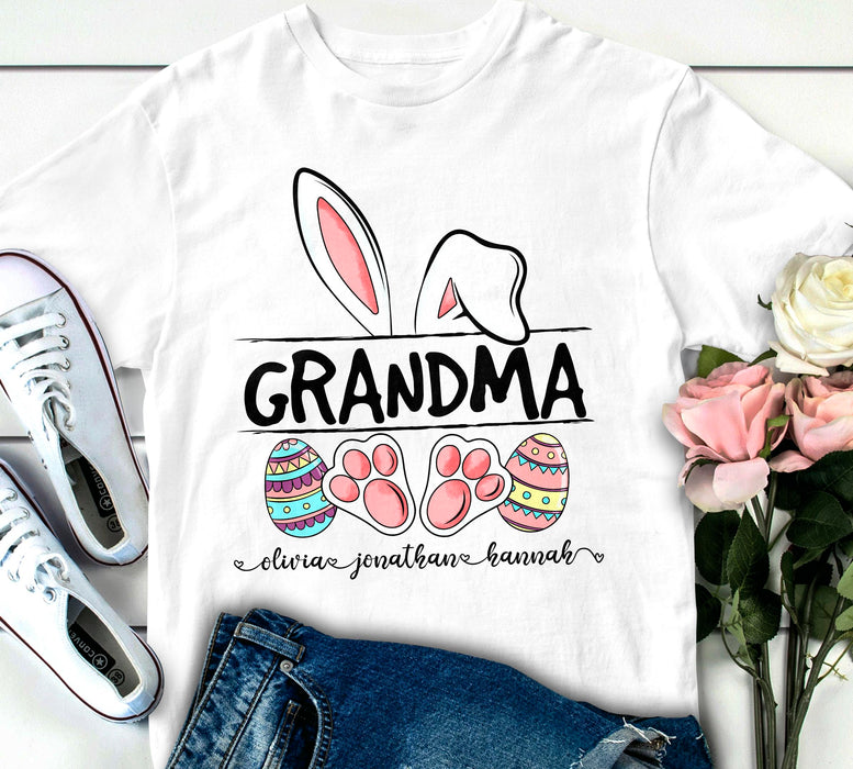 Personalized T-Shirt For Grandma Easter Bunny With Colorful Eggs Printed Custom Grandkids Name Happy Easter Day Shirt