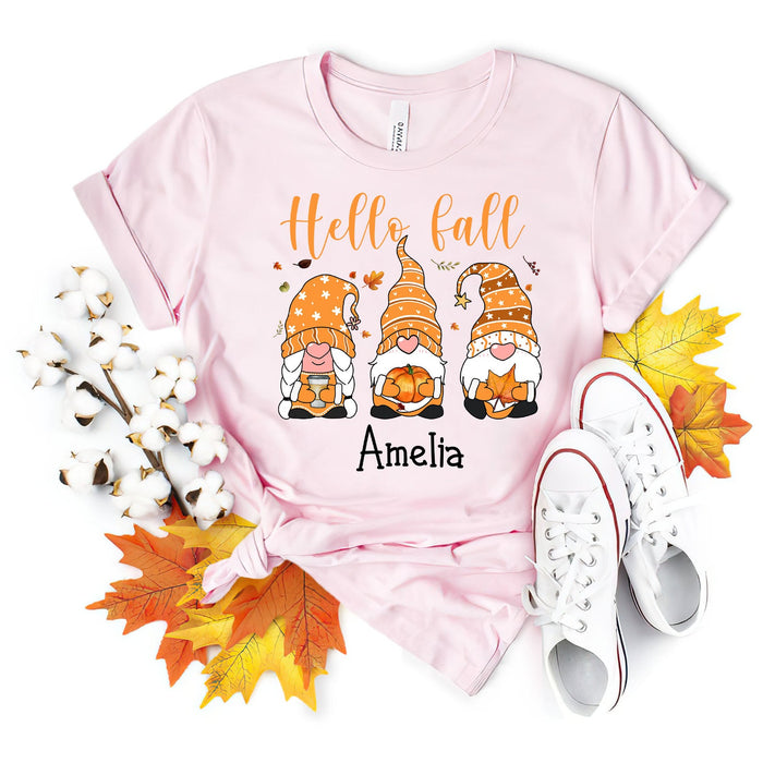 Personalized T-Shirt For Women Hello Fall Three Cute Gnomes With Pumpkin & Maple Leaf Printed Custom Name Fall Shirt