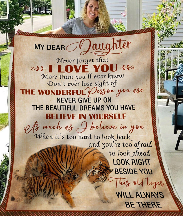 Personalized Sherpa Blanket To My Dear Daughter Tiger Hugged Print Fleece Blanket Custom Name