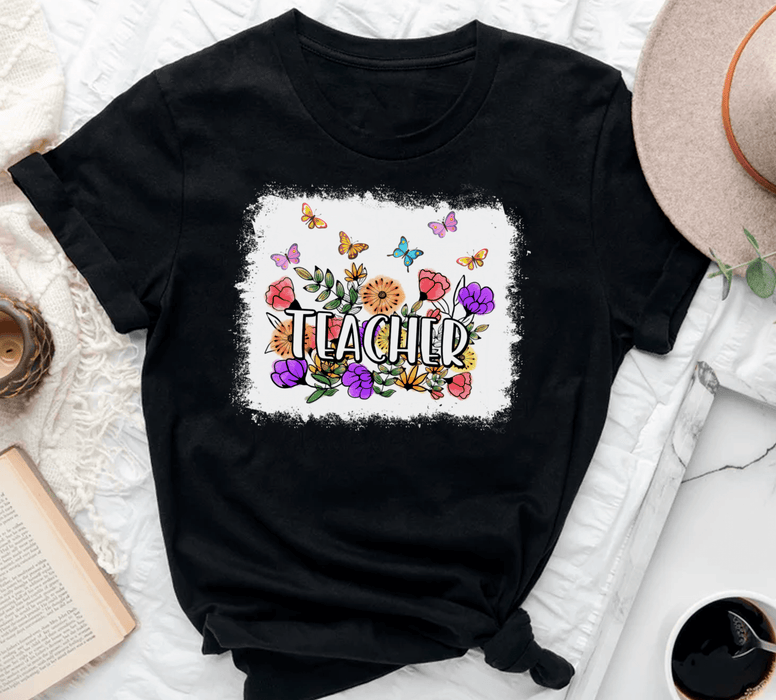 Personalized T-Shirt For Teachers Colorful Flowers Design Custom Job Title Back To School 2022 Outfit