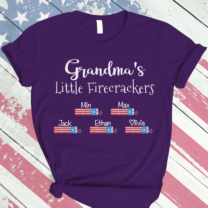 Personalized T-Shirt For Nana Grandma'S Little Firecrackers Custom Grandkids Name Independence Day Shirt