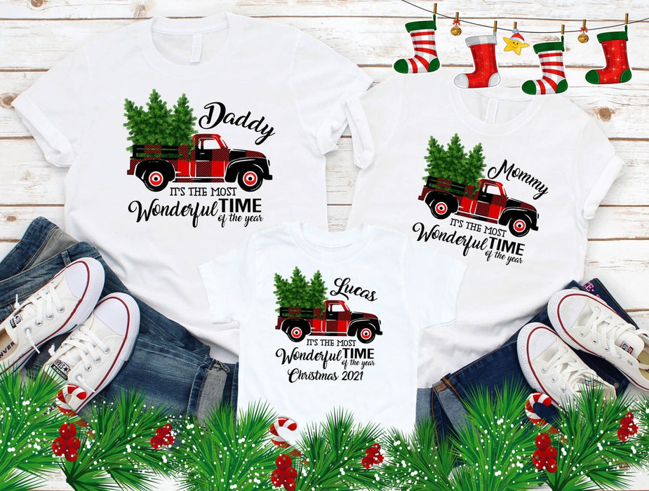 Personalized Christmas Family Matching T-Shirt Wonderful Time Of The Year Custom Name Plaid Truck Printed