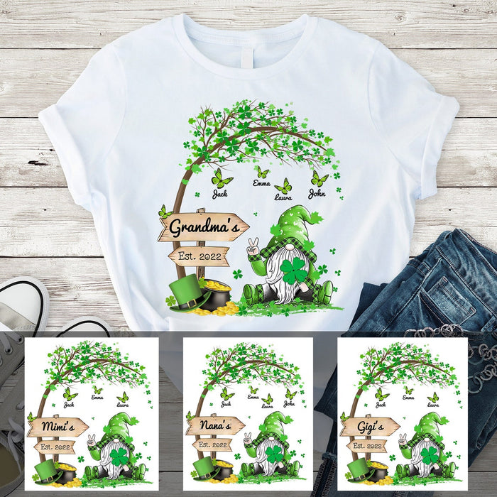 Personalized T-Shirt For Grandma Cute Gnome With Shamrock Tree & Butterfly Printed Custom Grandkids Name