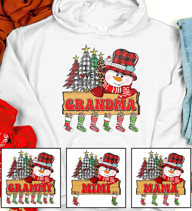 Personalized Hoodie I Love Being A Grandma Cute Snowman With Trees And Socks Printed Custom Grandkids Name